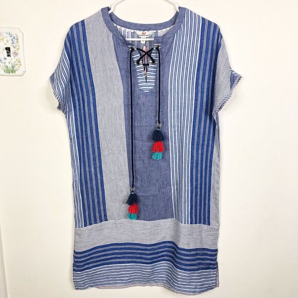 NEW Vineyard Vines Linen Striped Tassel Shift Dress in Dazzling Blue Size 4 - Picture 1 of 8